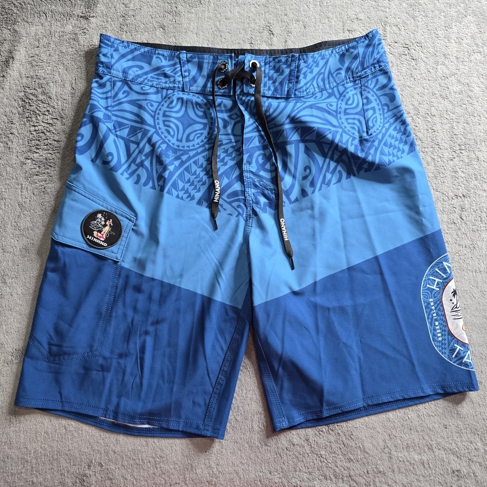 Hinano Tahiti Board Shorts Mens 30 Blue Polynesian Tribal Surf Swim Trunks Logo